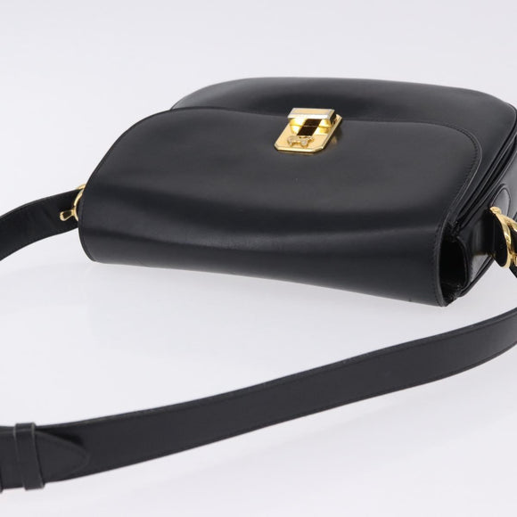 CELINE Horse Carriage Shoulder Bag Leather Black Gold Tone Auth ka5574
