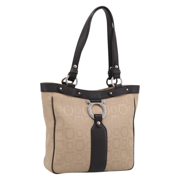 Salvatore Ferragamo Gancini Tote Bag Canvas Beige Silver Auth ka5583A