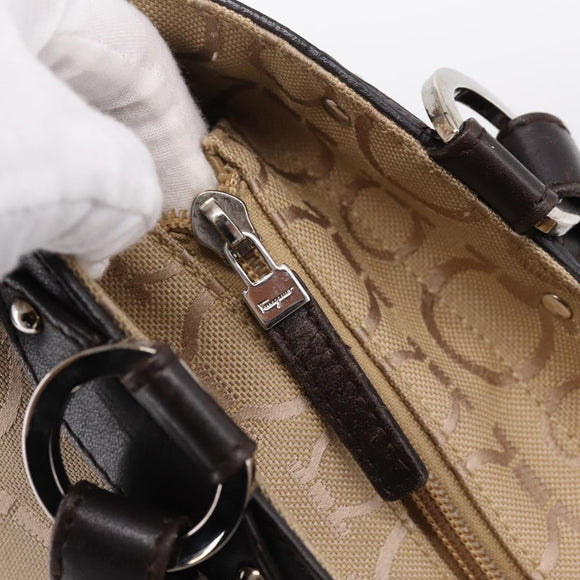 Salvatore Ferragamo Gancini Tote Bag Canvas Beige Silver Auth ka5583A