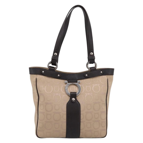 Salvatore Ferragamo Gancini Tote Bag Canvas Beige Silver Auth ka5583A