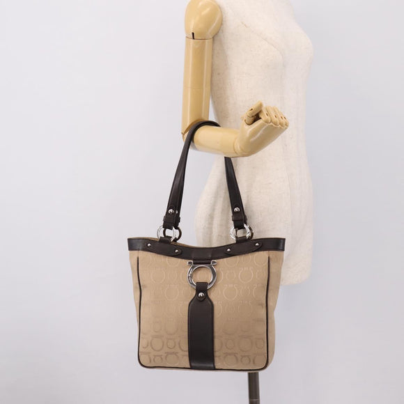 Salvatore Ferragamo Gancini Tote Bag Canvas Beige Silver Auth ka5583A