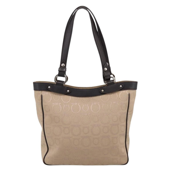 Salvatore Ferragamo Gancini Tote Bag Canvas Beige Silver Auth ka5583A