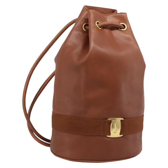 Salvatore Ferragamo Vala Backpack Leather Brown Gold Auth ka5589