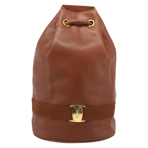 Salvatore Ferragamo Vala Backpack Leather Brown Gold Auth ka5589