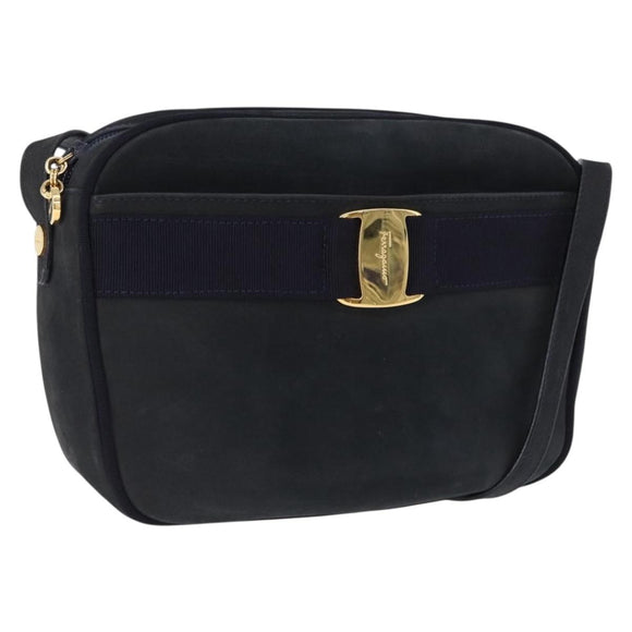 Salvatore Ferragamo Vala Shoulder Bag Suede Navy Gold Auth ka5596