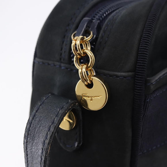 Salvatore Ferragamo Vala Shoulder Bag Suede Navy Gold Auth ka5596