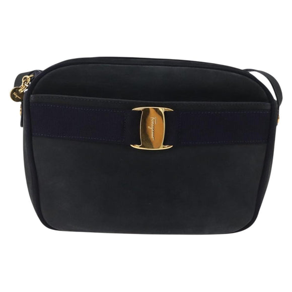 Salvatore Ferragamo Vala Shoulder Bag Suede Navy Gold Auth ka5596