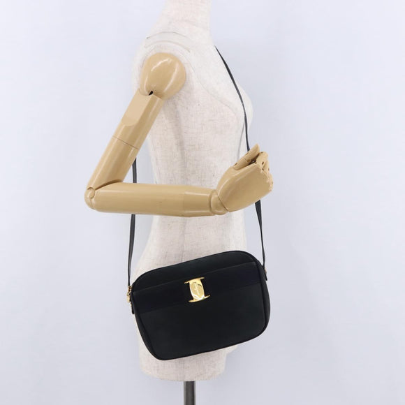 Salvatore Ferragamo Vala Shoulder Bag Suede Navy Gold Auth ka5596