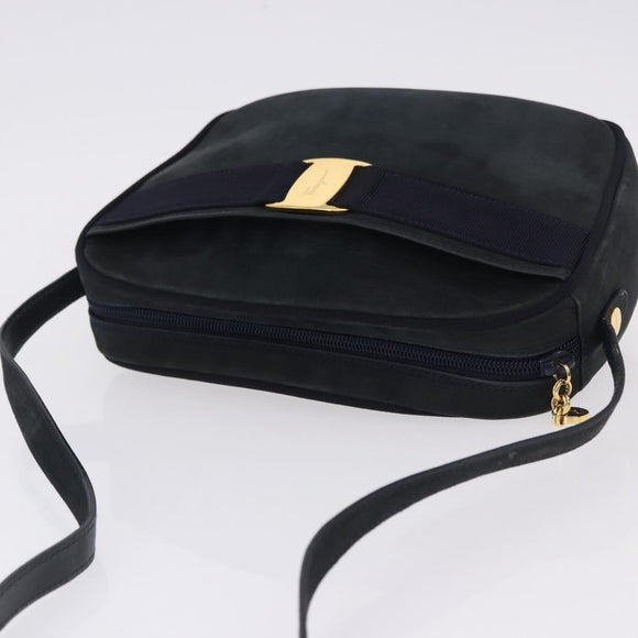 Salvatore Ferragamo Vala Shoulder Bag Suede Navy Gold Auth ka5596