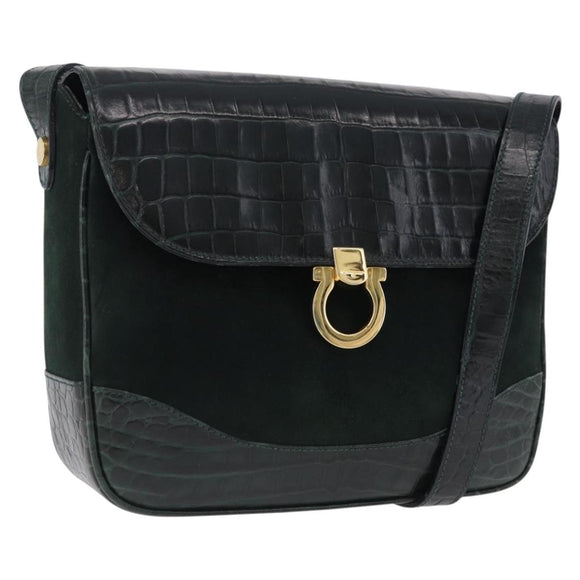 Salvatore Ferragamo Gancini Bag Leather embossed Green Gold Auth ka5598A