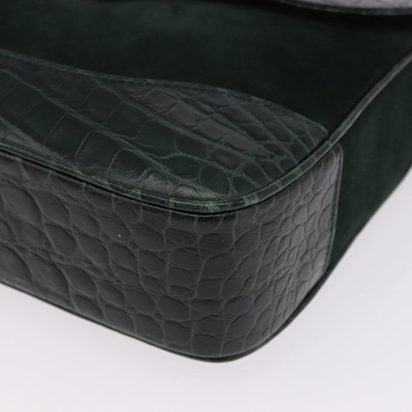 Salvatore Ferragamo Gancini Bag Leather embossed Green Gold Auth ka5598A