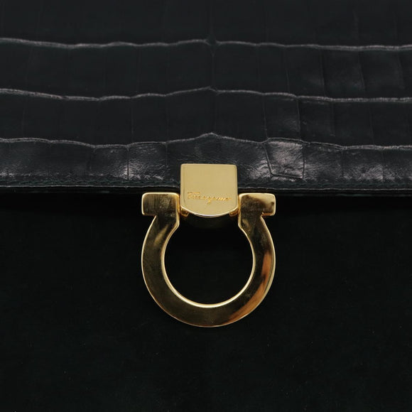 Salvatore Ferragamo Gancini Bag Leather embossed Green Gold Auth ka5598A