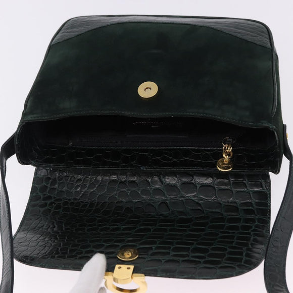 Salvatore Ferragamo Gancini Bag Leather embossed Green Gold Auth ka5598A