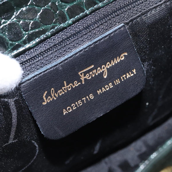 Salvatore Ferragamo Gancini Bag Leather embossed Green Gold Auth ka5598A