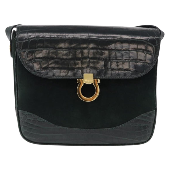 Salvatore Ferragamo Gancini Bag Leather embossed Green Gold Auth ka5598A