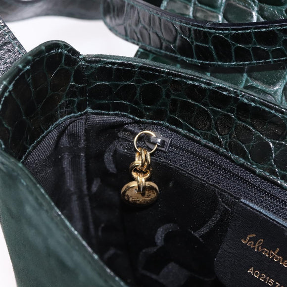 Salvatore Ferragamo Gancini Bag Leather embossed Green Gold Auth ka5598A