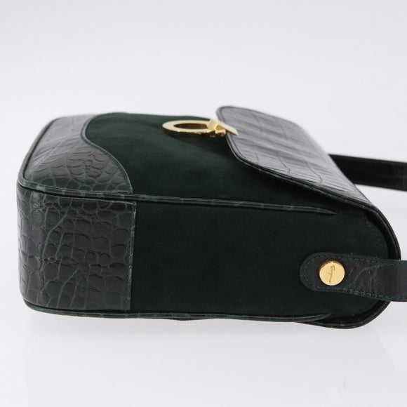 Salvatore Ferragamo Gancini Bag Leather embossed Green Gold Auth ka5598A