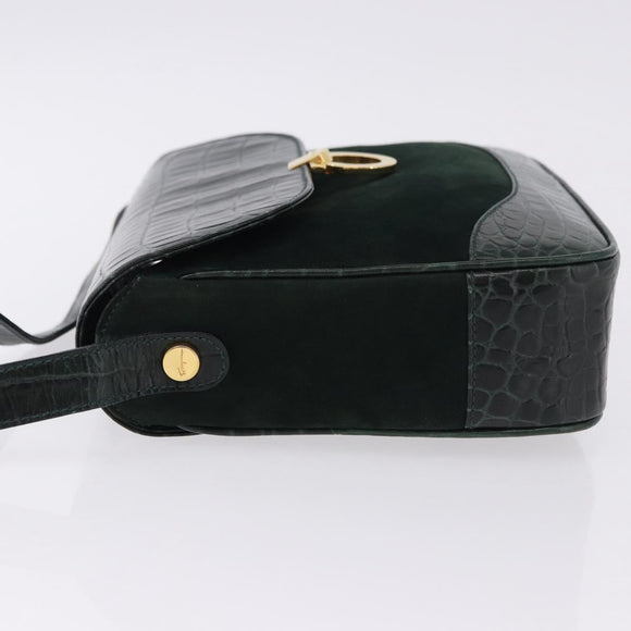 Salvatore Ferragamo Gancini Bag Leather embossed Green Gold Auth ka5598A