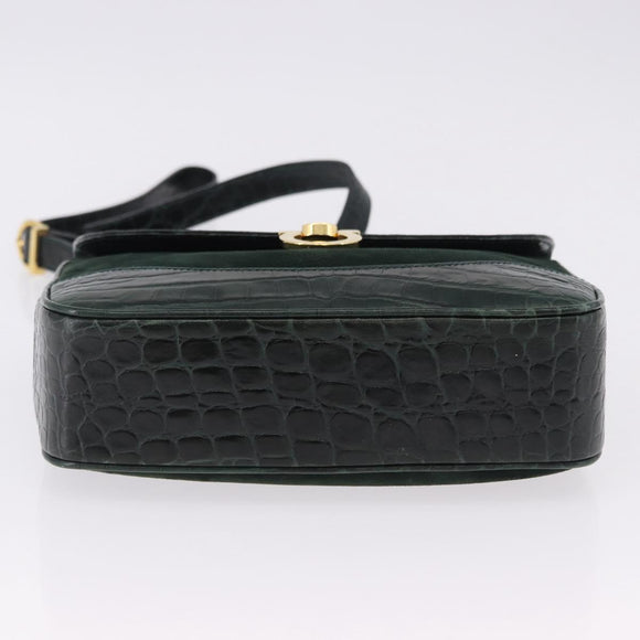 Salvatore Ferragamo Gancini Bag Leather embossed Green Gold Auth ka5598A
