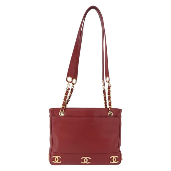 CHANEL Triple COCO Mark Chain Shoulder Bag Caviar Skin Red Gold CC Auth ka5622