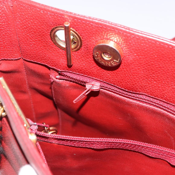 CHANEL Triple COCO Mark Chain Shoulder Bag Caviar Skin Red Gold CC Auth ka5622
