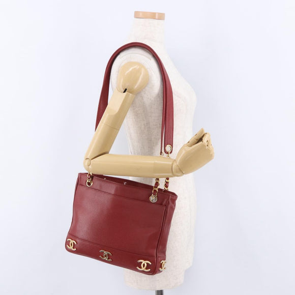 CHANEL Triple COCO Mark Chain Shoulder Bag Caviar Skin Red Gold CC Auth ka5622