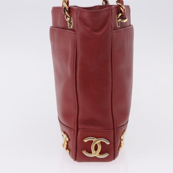 CHANEL Triple COCO Mark Chain Shoulder Bag Caviar Skin Red Gold CC Auth ka5622