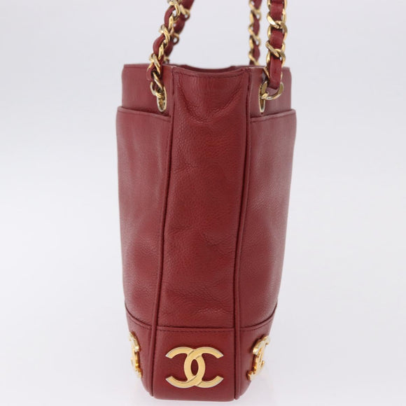 CHANEL Triple COCO Mark Chain Shoulder Bag Caviar Skin Red Gold CC Auth ka5622