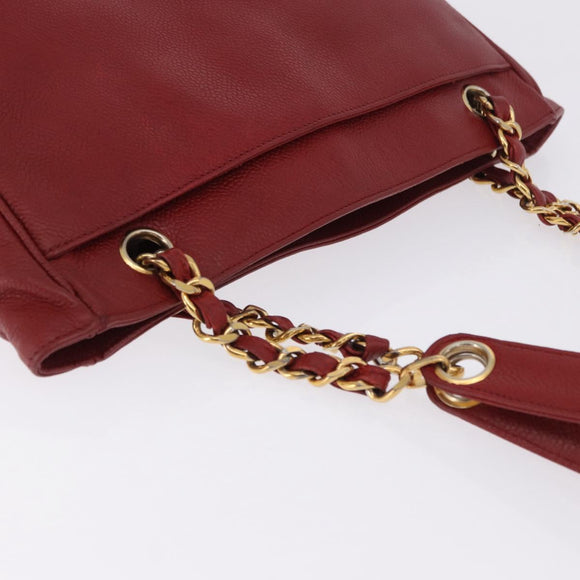 CHANEL Triple COCO Mark Chain Shoulder Bag Caviar Skin Red Gold CC Auth ka5622