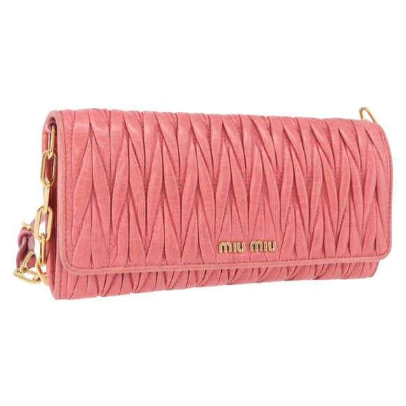 Miu Miu Matelasse Chain Shoulder Wallet Leather Pink Gold Auth ka5623A