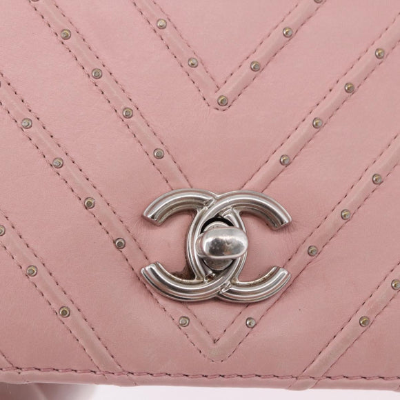 CHANEL V Stitch Chain Studs Shoulder Bag Lamb Skin Pink Silver CC Auth ka5624SAV