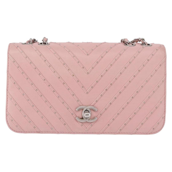 CHANEL V Stitch Chain Studs Shoulder Bag Lamb Skin Pink Silver CC Auth ka5624SAV