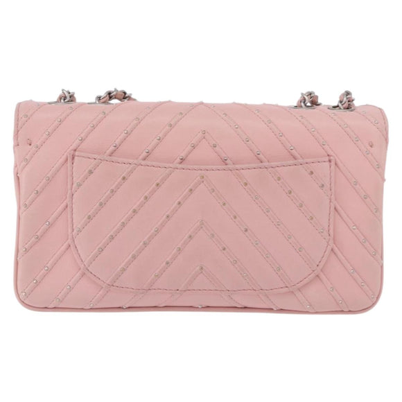 CHANEL V Stitch Chain Studs Shoulder Bag Lamb Skin Pink Silver CC Auth ka5624SAV