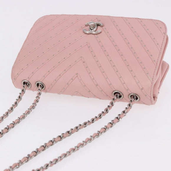 CHANEL V Stitch Chain Studs Shoulder Bag Lamb Skin Pink Silver CC Auth ka5624SAV