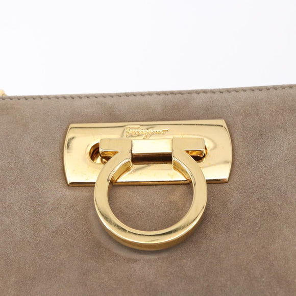 Salvatore Ferragamo Gancini Chain Shoulder Bag Suede Beige Gold Auth ka5639