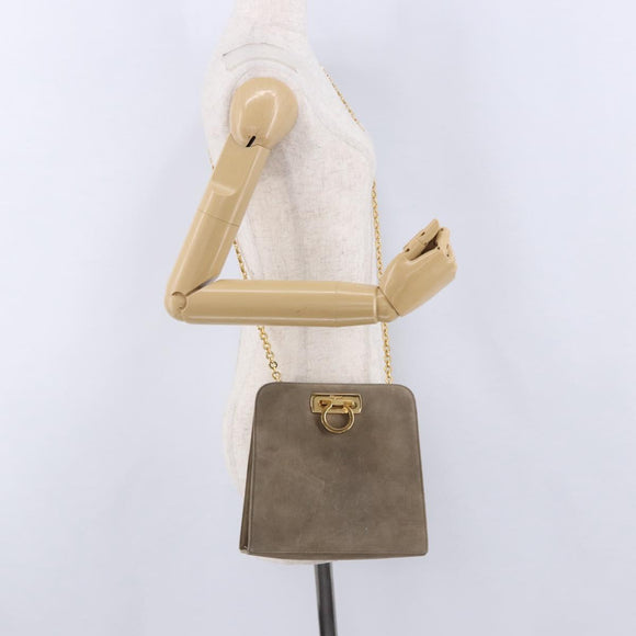 Salvatore Ferragamo Gancini Chain Shoulder Bag Suede Beige Gold Auth ka5639