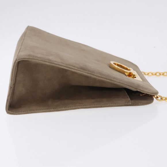 Salvatore Ferragamo Gancini Chain Shoulder Bag Suede Beige Gold Auth ka5639