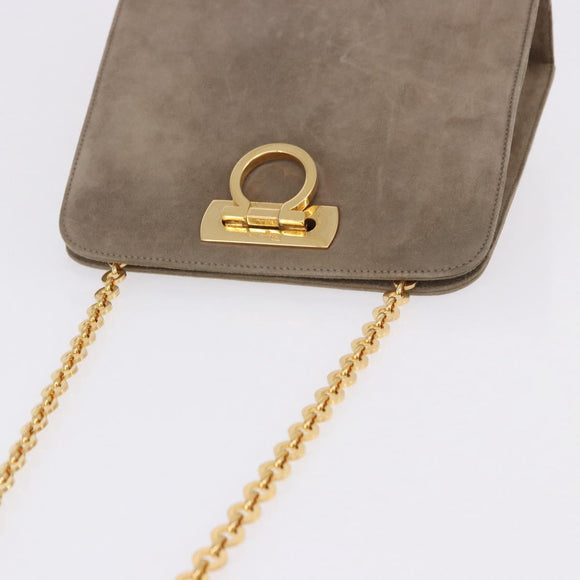 Salvatore Ferragamo Gancini Chain Shoulder Bag Suede Beige Gold Auth ka5639