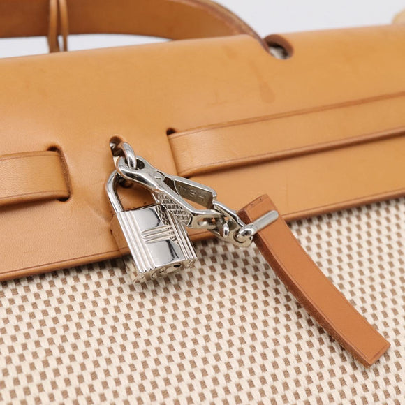 HERMES Herbag Ad PM Backpack Canvas Leather Beige Silver Auth ka5642V