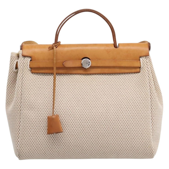 HERMES Herbag Ad PM Backpack Canvas Leather Beige Silver Auth ka5642V