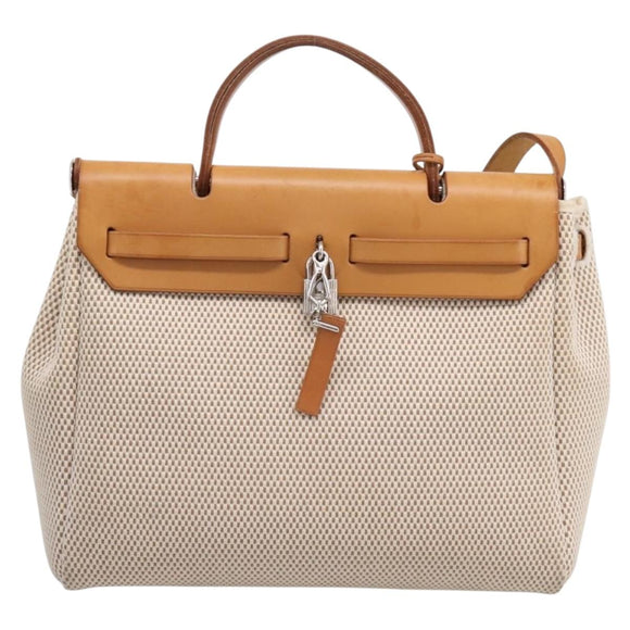 HERMES Herbag Ad PM Backpack Canvas Leather Beige Silver Auth ka5642V