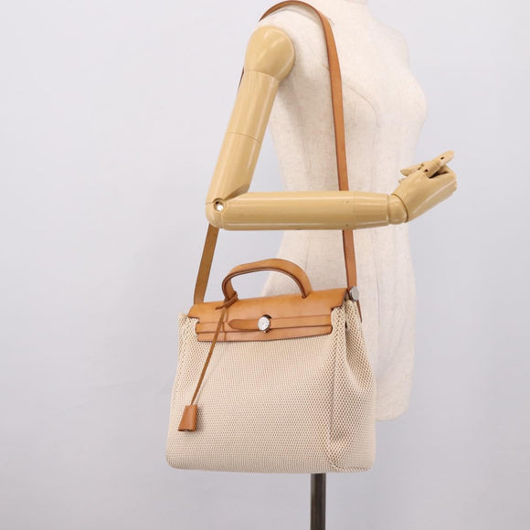 HERMES Herbag Ad PM Backpack Canvas Leather Beige Silver Auth ka5642V