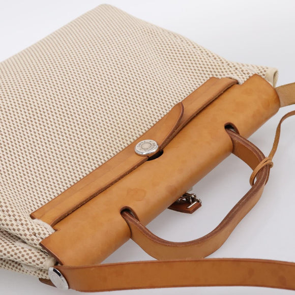 HERMES Herbag Ad PM Backpack Canvas Leather Beige Silver Auth ka5642V