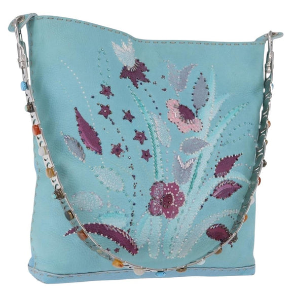 FENDI Celeria Shoulder Bag Leather Light Blue Silver Auth ka5643A