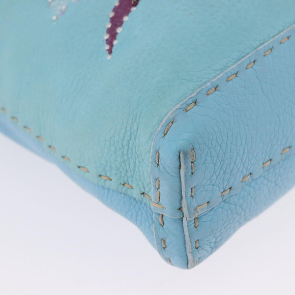 FENDI Celeria Shoulder Bag Leather Light Blue Silver Auth ka5643A