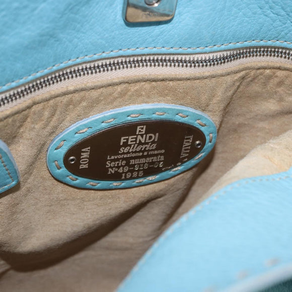 FENDI Celeria Shoulder Bag Leather Light Blue Silver Auth ka5643A