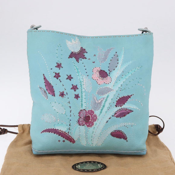 FENDI Celeria Shoulder Bag Leather Light Blue Silver Auth ka5643A