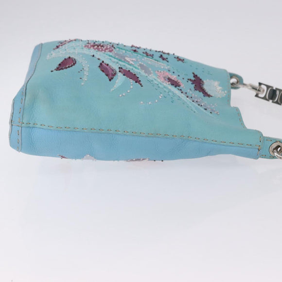 FENDI Celeria Shoulder Bag Leather Light Blue Silver Auth ka5643A