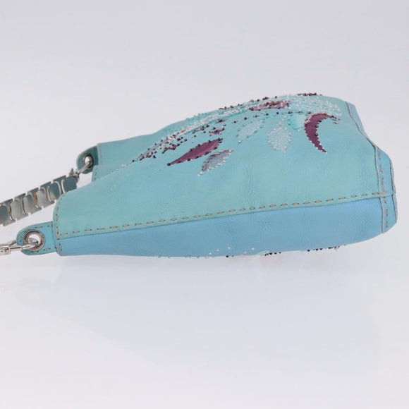 FENDI Celeria Shoulder Bag Leather Light Blue Silver Auth ka5643A