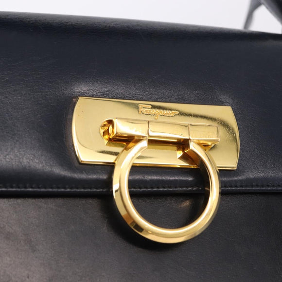 Salvatore Ferragamo Gancini Hand Bag Leather 2way Navy Gold Auth ka5648